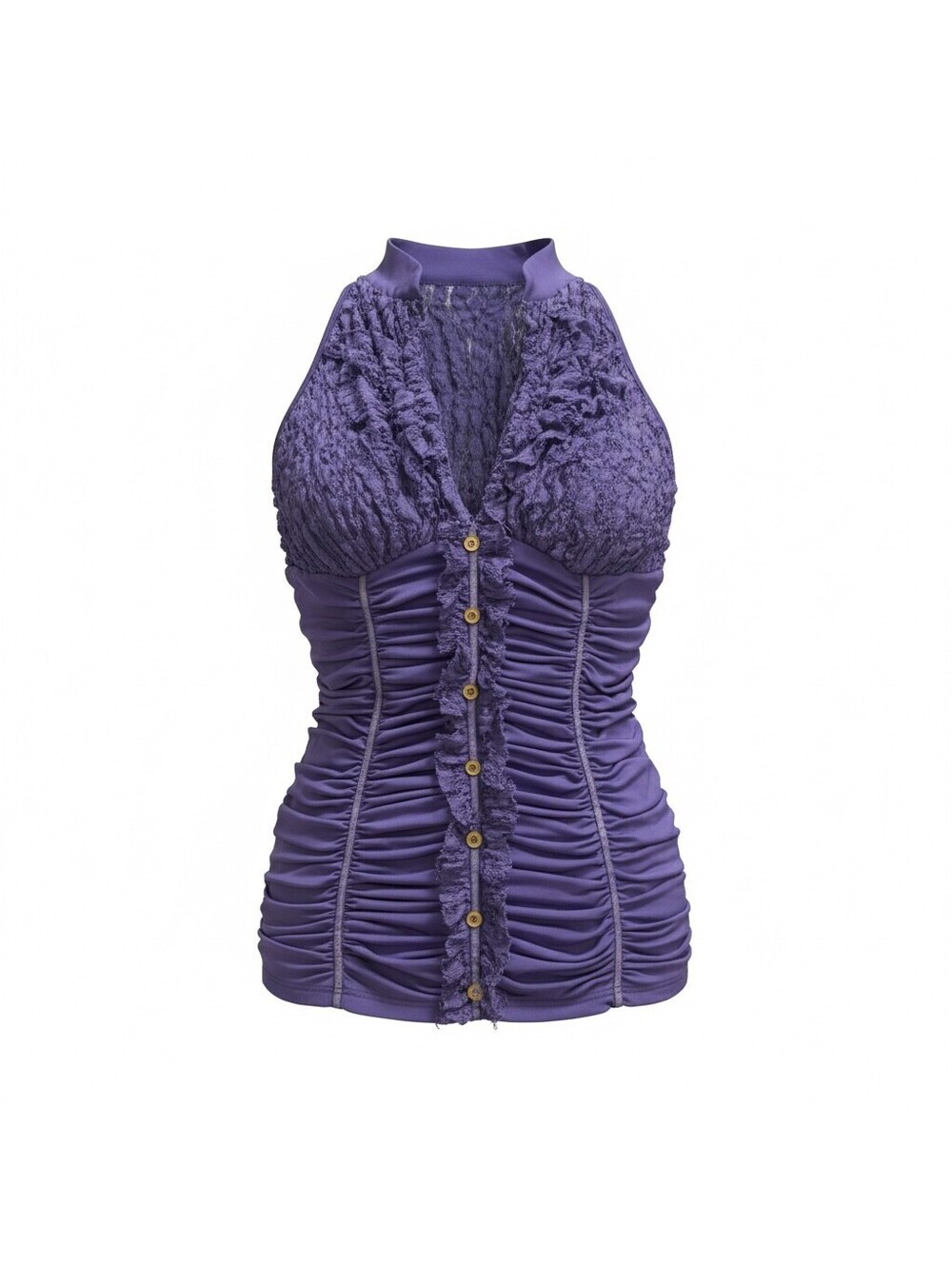 Y2K XoXo Ruched Bodycon Sleeveless Women's Purple Top Lace Trim Button Detail